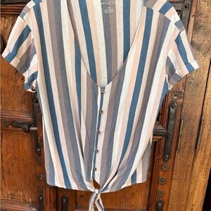 American Eagle Outfitters Multicolor Striped Button-Down Top with Cuffed Sleeves